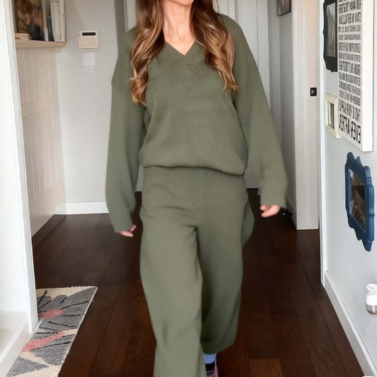 Women's Casual V-Neck Pullover and Pants Set