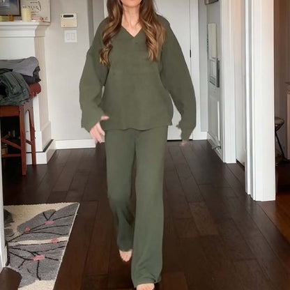 Women's Casual V-Neck Pullover and Pants Set