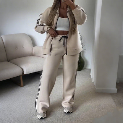 🔥50 % Rabatt🔥Damen-Casual-Zweiteiler mit Reißverschlussjacke & gestreifter Hose